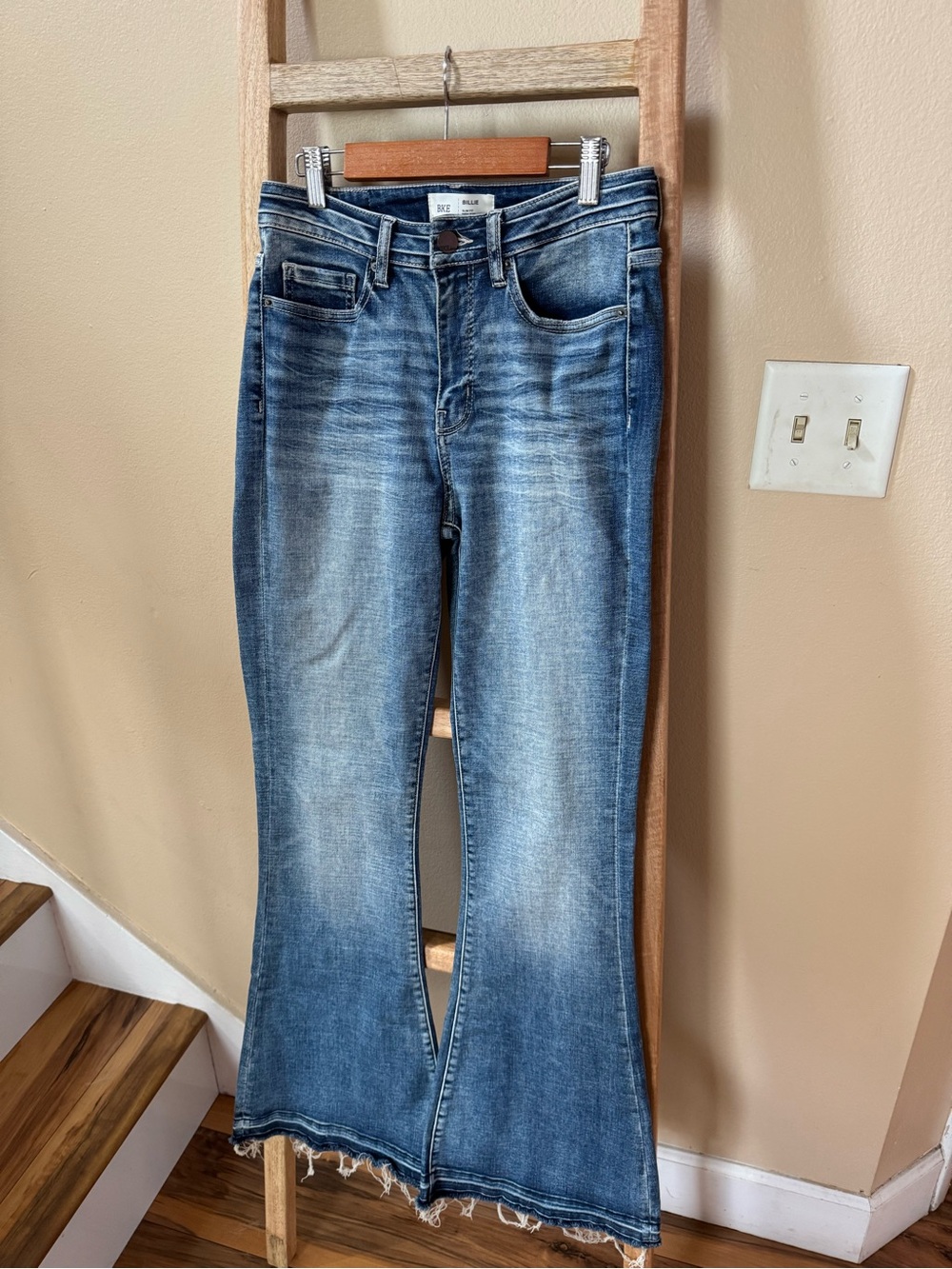 BKE Women's Washed Blue Flare Jeans with Raw Hem